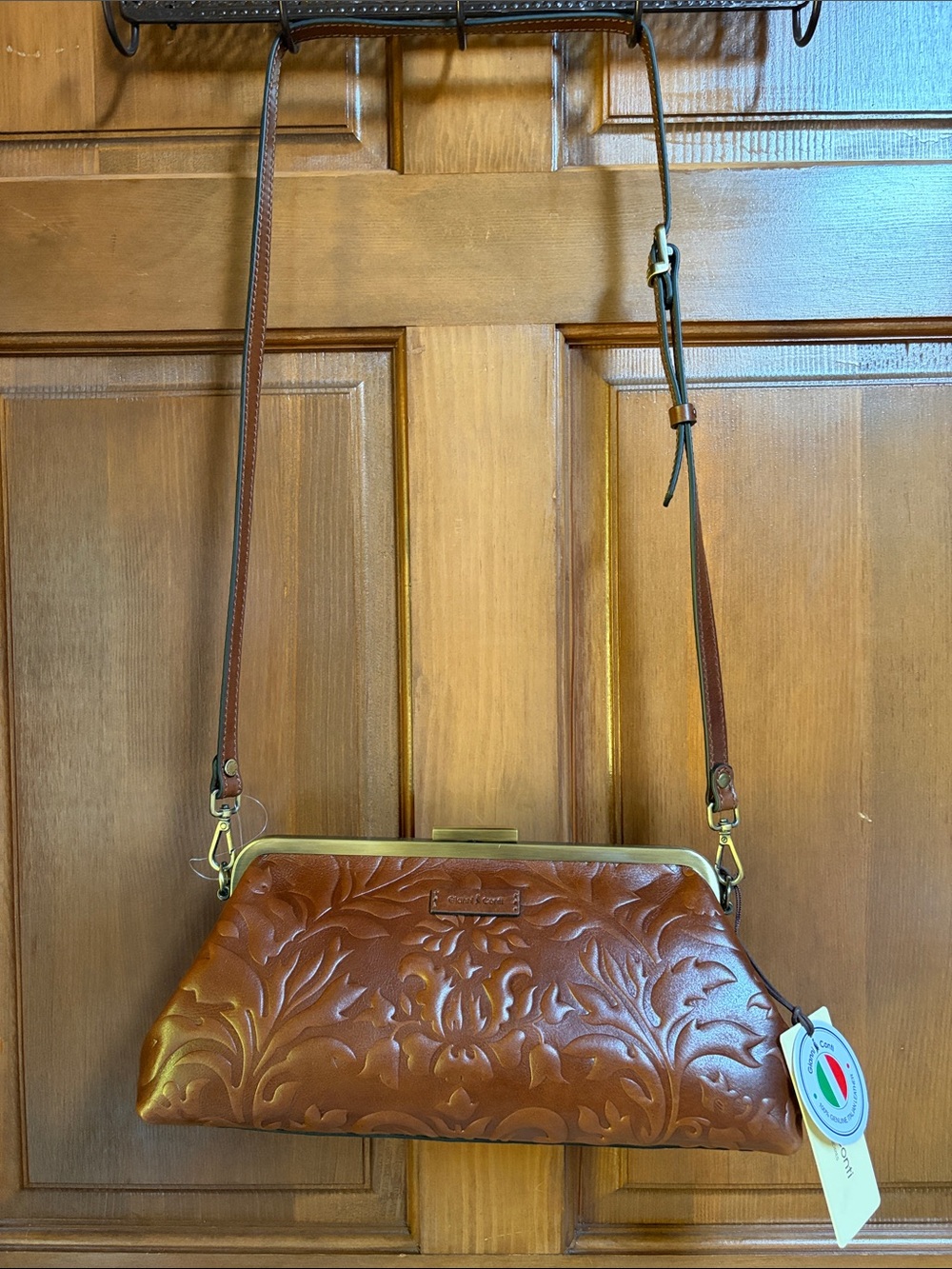 Gianni Conti Embossed Brown Leather Crossbody Bag with Adjustable Strap
